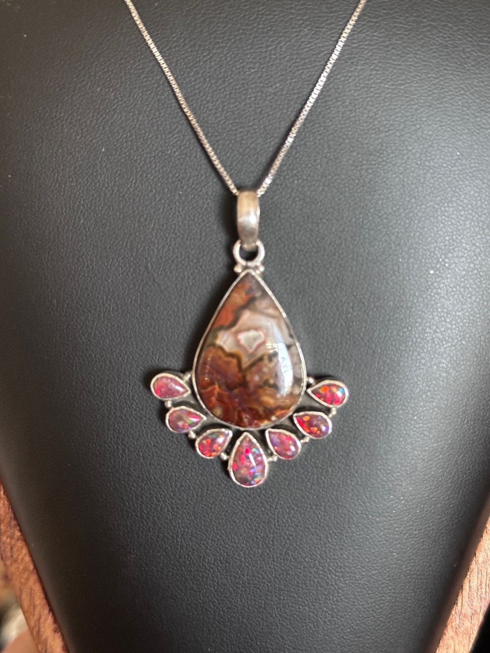 Sterling Silver Teardrop Lace Agate and Fire Opal Pendant